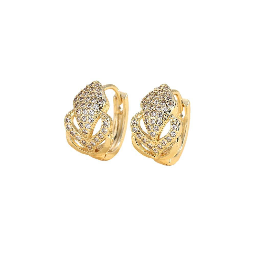 Gold Leaves Earrings For Women Featuring Copper Ear Pins And Zircon Inlay