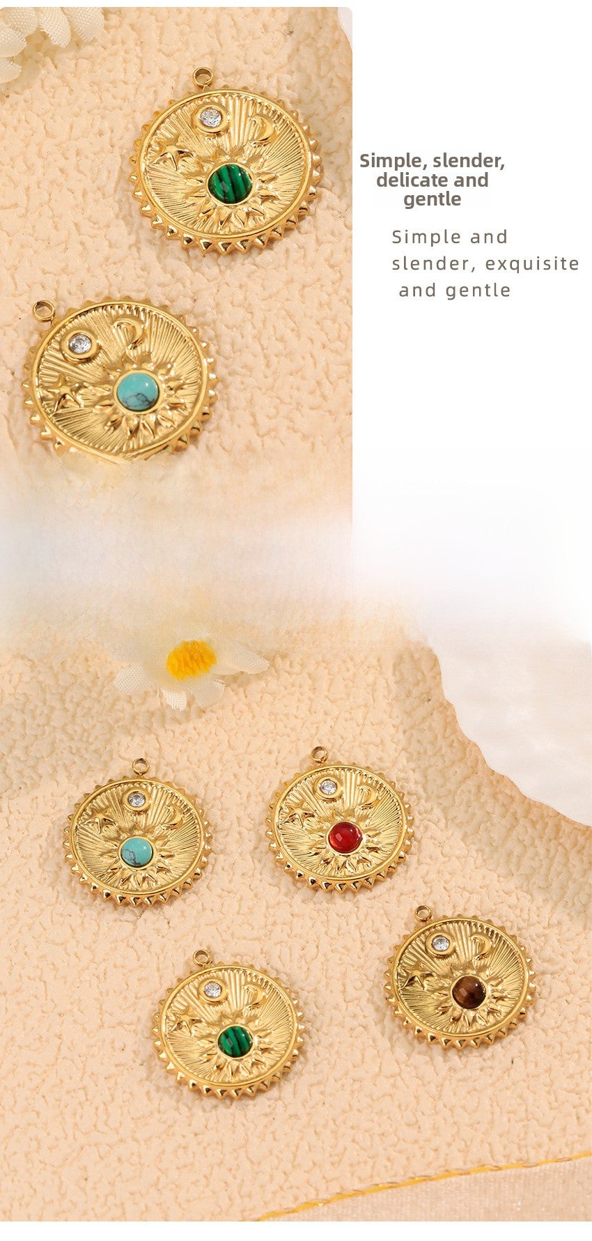 Moon Pendant In 304 Stainless Steel With PVD Coated Electroplated 18K Real Gold Plating And Natural Stone Inlay