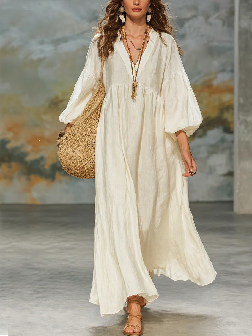 Solid Color Boho Dress With 3/4 Length Sleeve And Deep V Neckline In Cotton And Linen, Casual Vacation Style