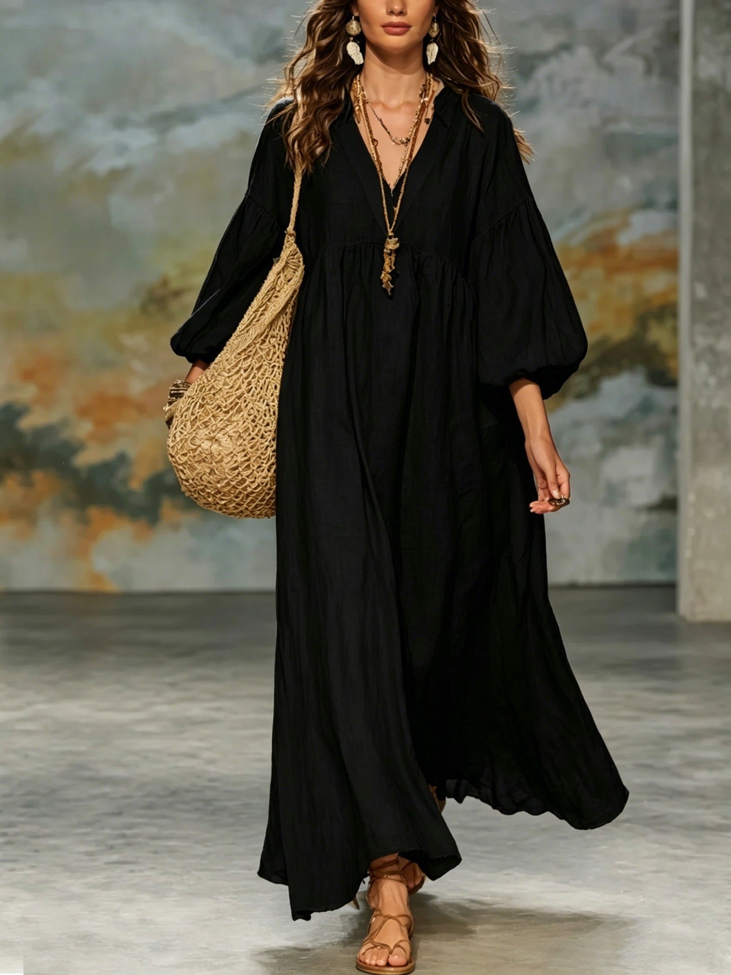 Solid Color Boho Dress With 3/4 Length Sleeve And Deep V Neckline In Cotton And Linen, Casual Vacation Style