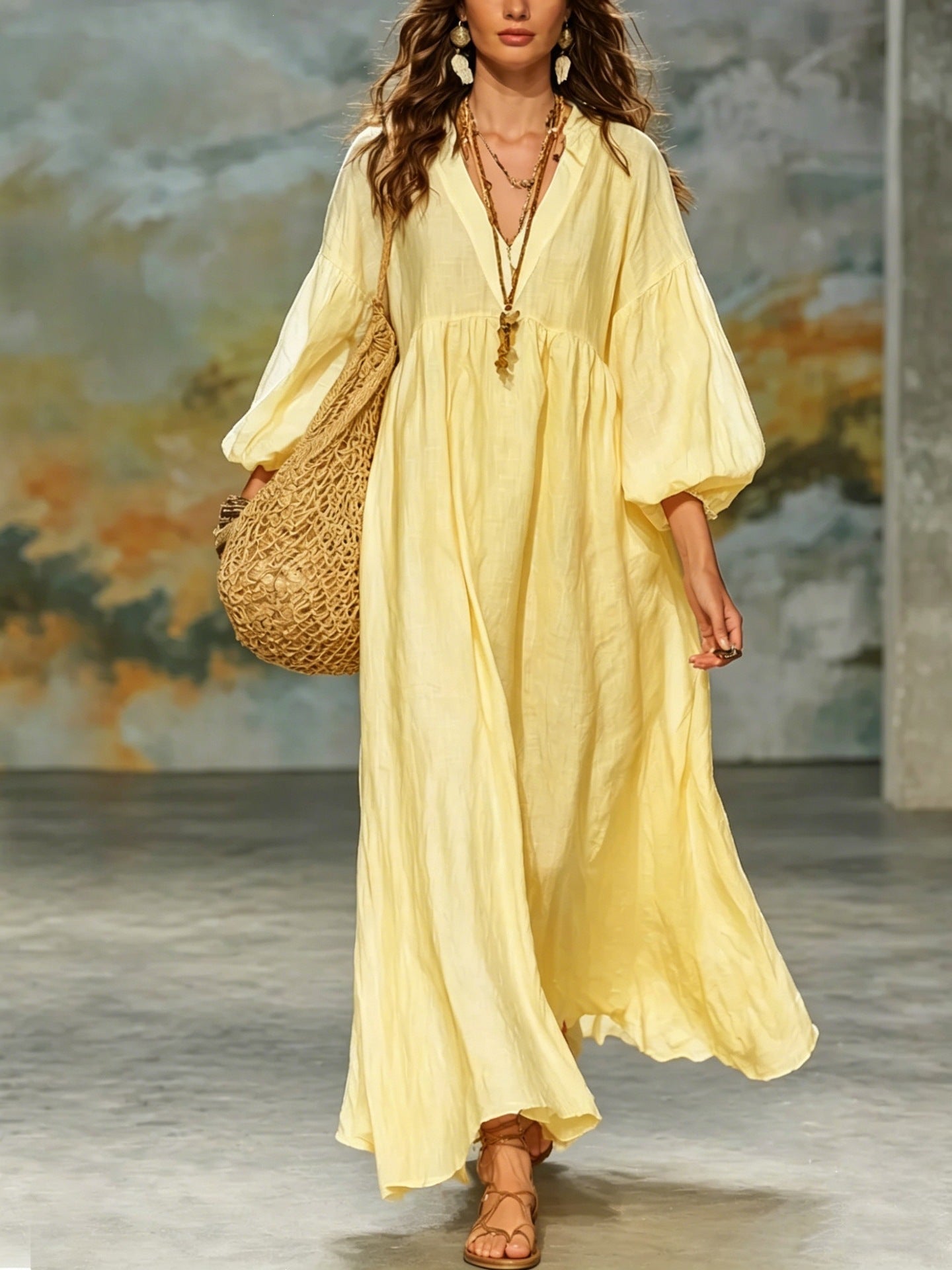 Solid Color Boho Dress With 3/4 Length Sleeve And Deep V Neckline In Cotton And Linen, Casual Vacation Style