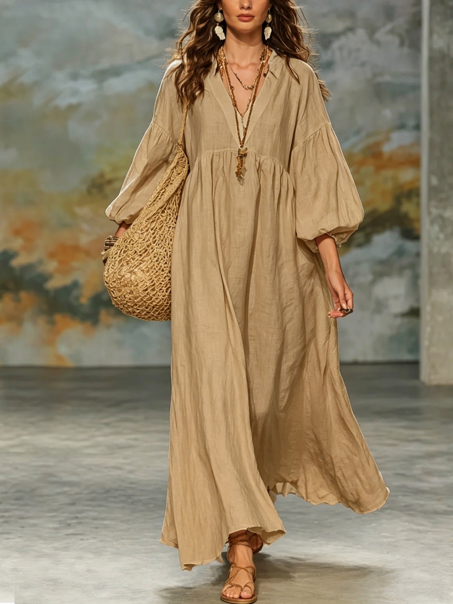 Solid Color Boho Dress With 3/4 Length Sleeve And Deep V Neckline In Cotton And Linen, Casual Vacation Style