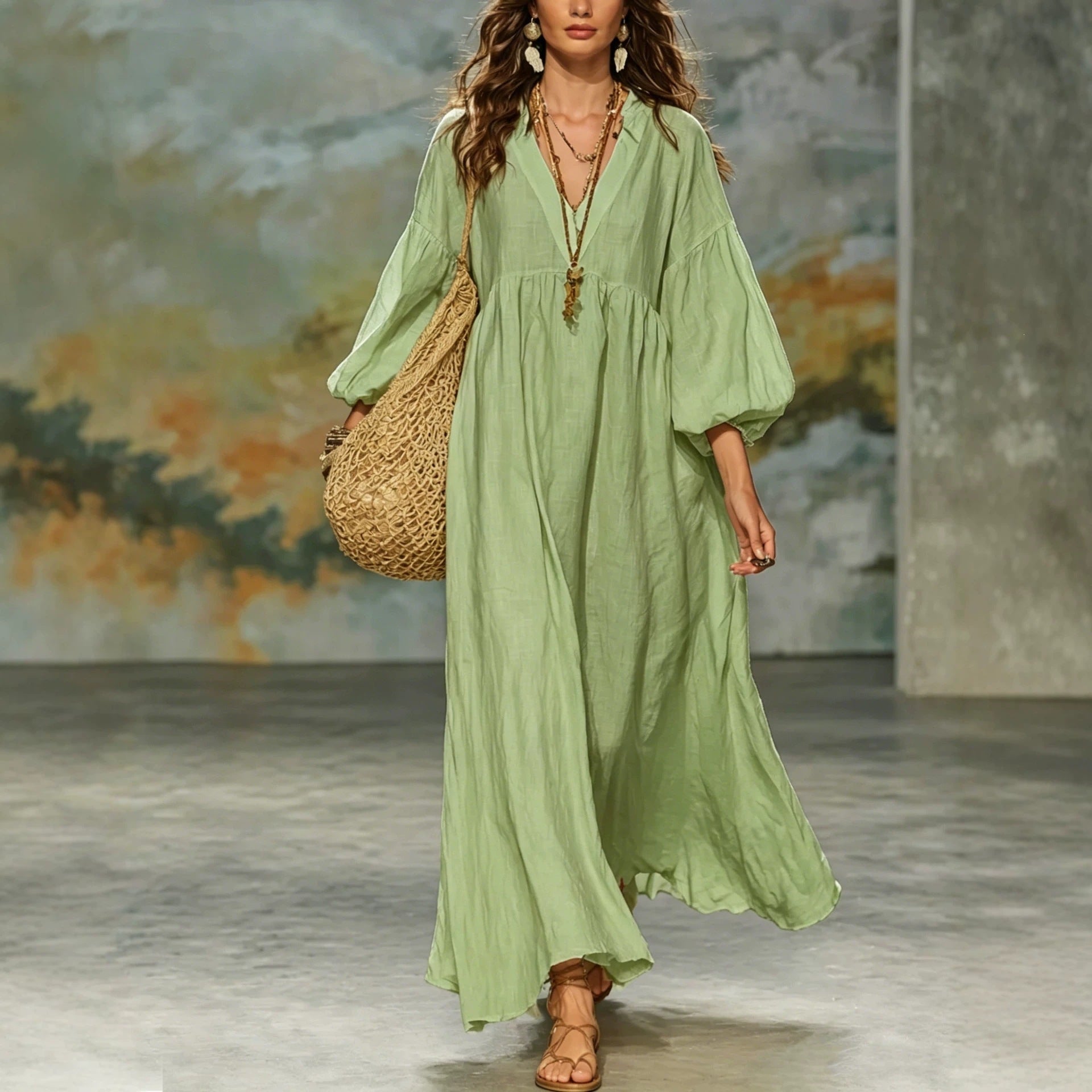 Solid Color Boho Dress With 3/4 Length Sleeve And Deep V Neckline In Cotton And Linen, Casual Vacation Style