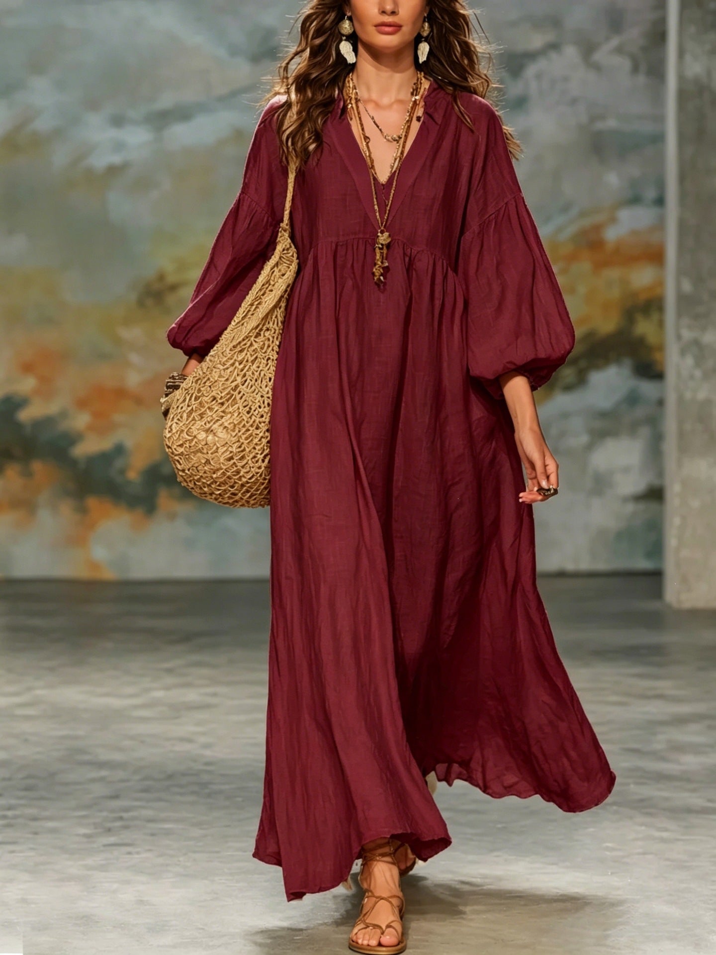 Solid Color Boho Dress With 3/4 Length Sleeve And Deep V Neckline In Cotton And Linen, Casual Vacation Style