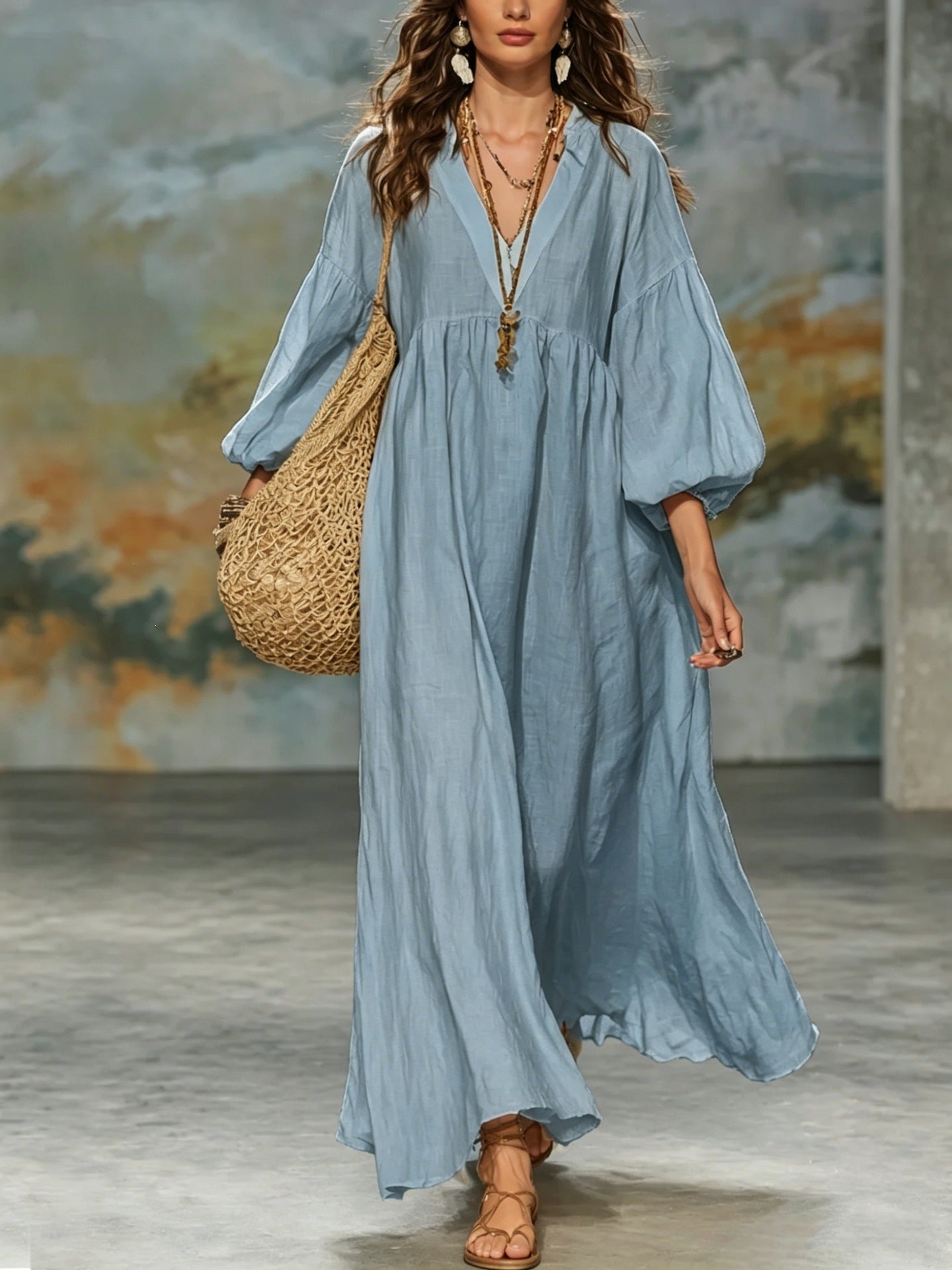 Solid Color Boho Dress With 3/4 Length Sleeve And Deep V Neckline In Cotton And Linen, Casual Vacation Style