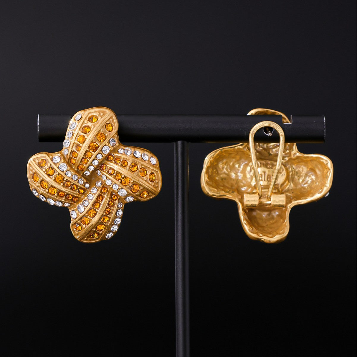 Golden Plated Copper Alloy Twist Knot Stud Earrings With Rhinestones, 925 Sterling Silver Posts For Women