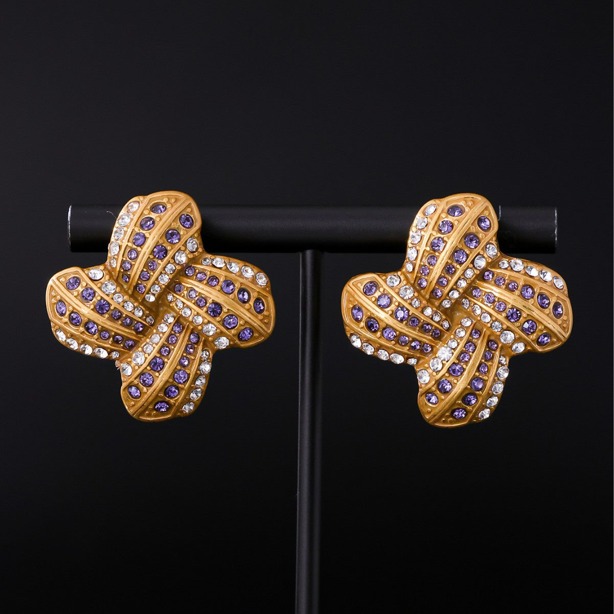 Golden Plated Copper Alloy Twist Knot Stud Earrings With Rhinestones, 925 Sterling Silver Posts For Women