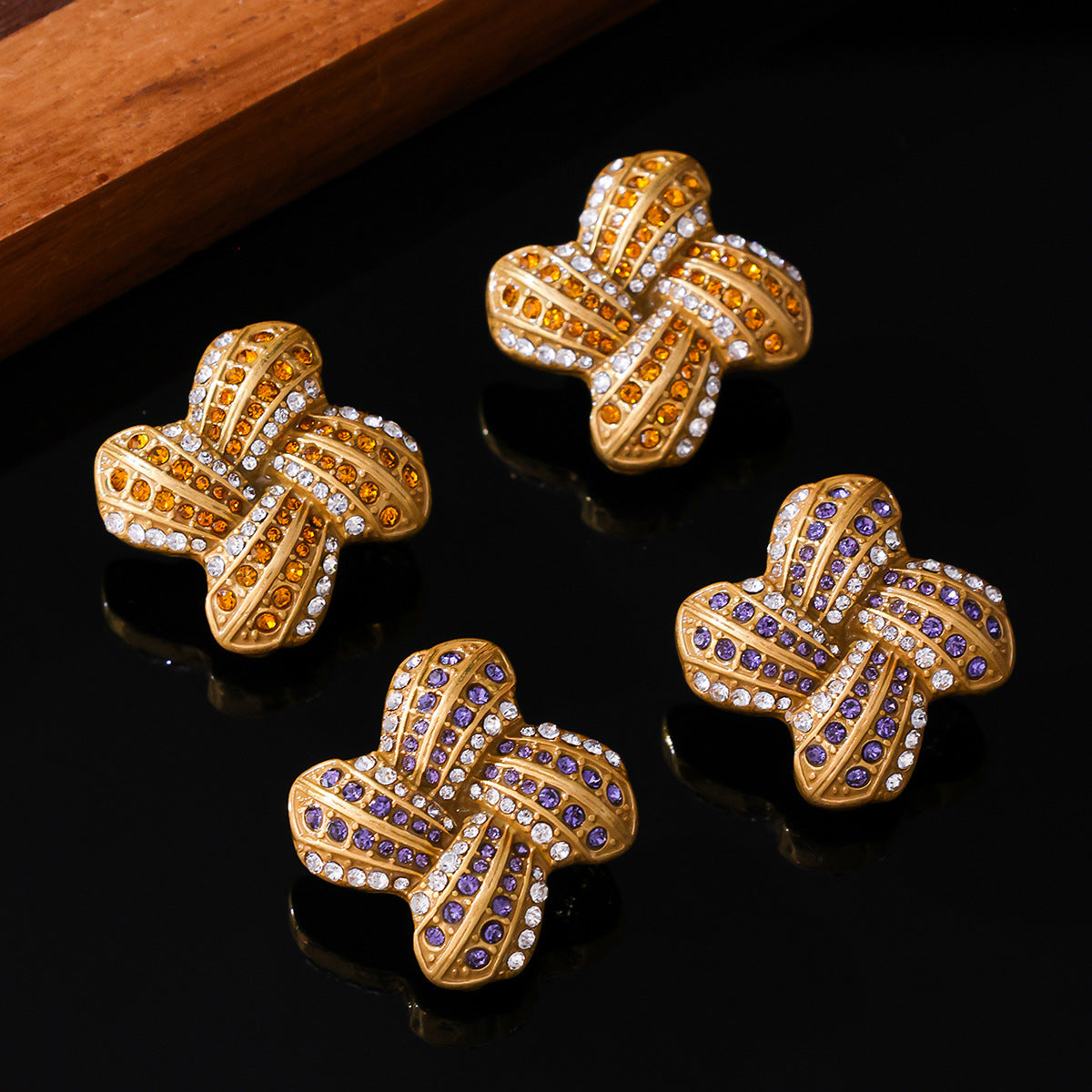 Golden Plated Copper Alloy Twist Knot Stud Earrings With Rhinestones, 925 Sterling Silver Posts For Women