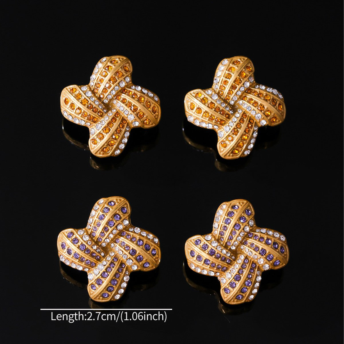Golden Plated Copper Alloy Twist Knot Stud Earrings With Rhinestones, 925 Sterling Silver Posts For Women