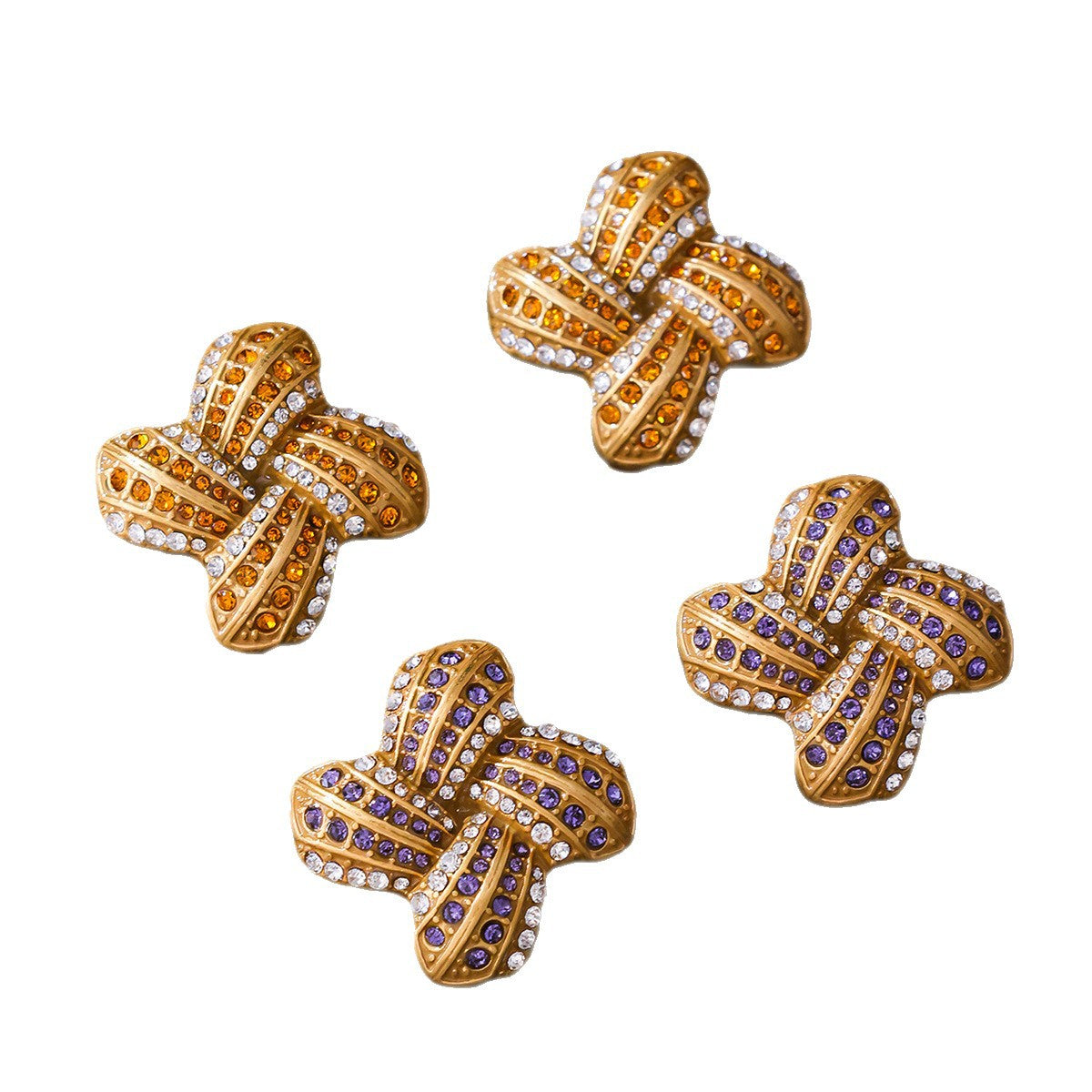 Golden Plated Copper Alloy Twist Knot Stud Earrings With Rhinestones, 925 Sterling Silver Posts For Women