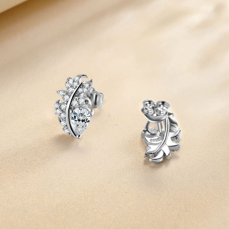 Leaves Stud Earrings For Women In 925 Sterling Silver Featuring Moissanite Inlay With Novelty Style