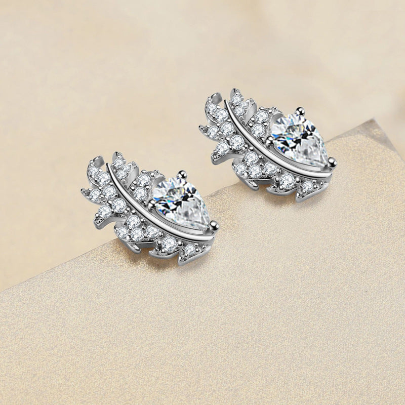 Leaves Stud Earrings For Women In 925 Sterling Silver Featuring Moissanite Inlay With Novelty Style