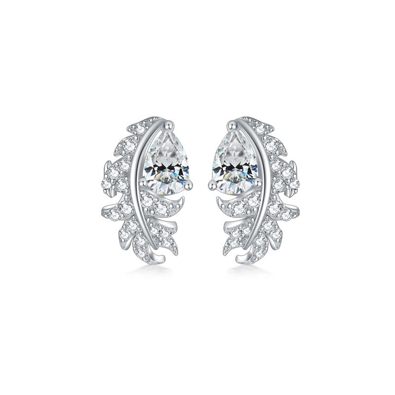 Leaves Stud Earrings For Women In 925 Sterling Silver Featuring Moissanite Inlay With Novelty Style