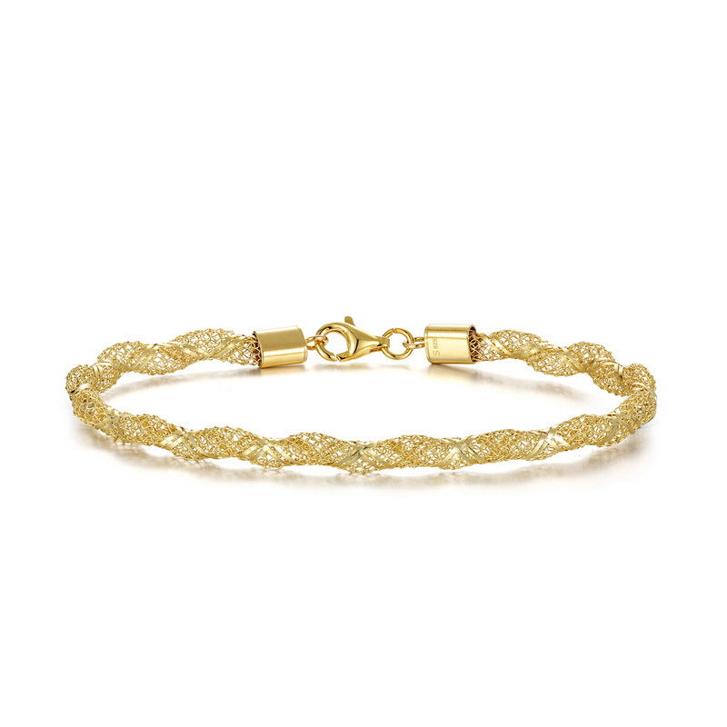 Grid Pattern Braid Bracelet For Women In 925 Sterling Silver With Real Gold Plated Woven Chain