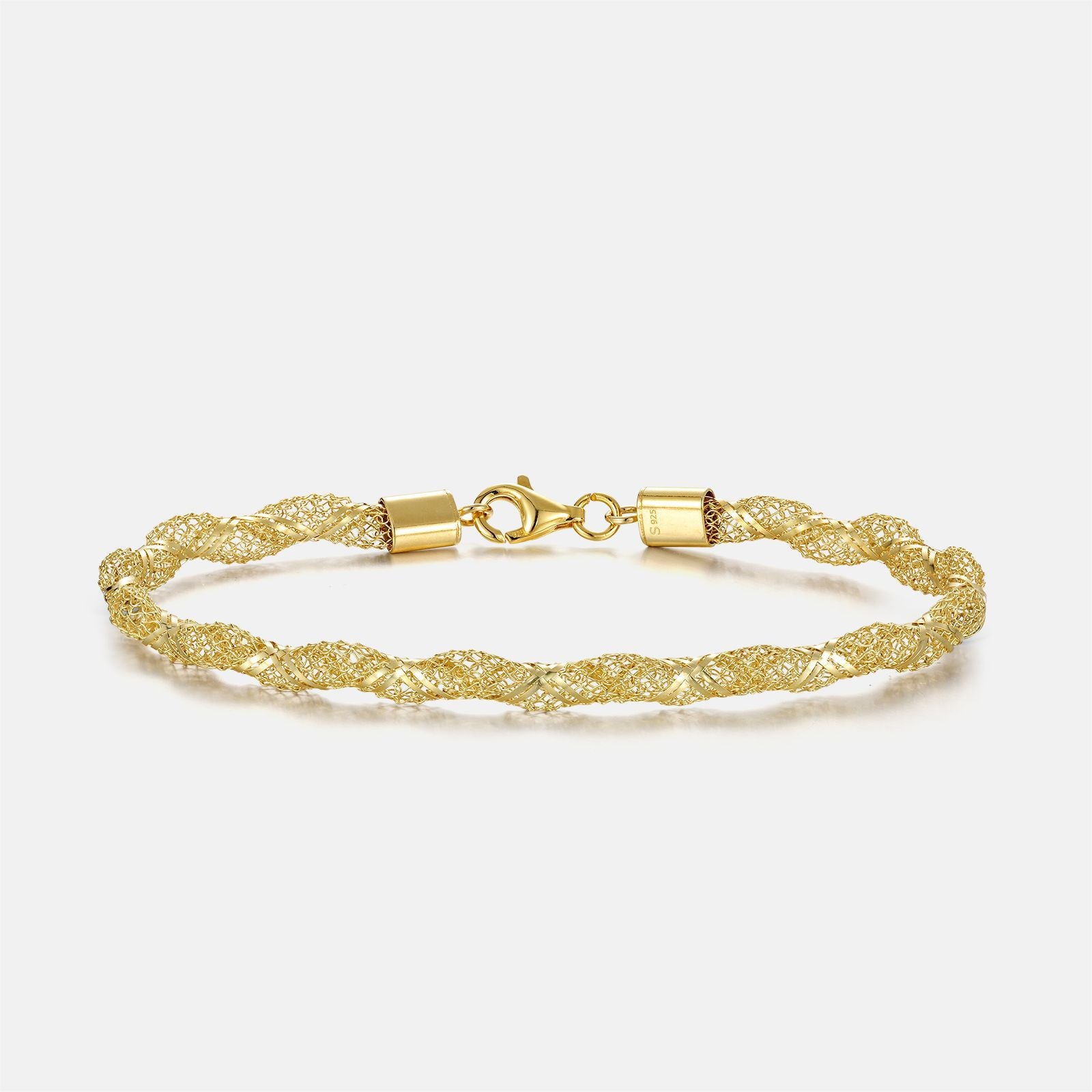 Grid Pattern Braid Bracelet For Women In 925 Sterling Silver With Real Gold Plated Woven Chain