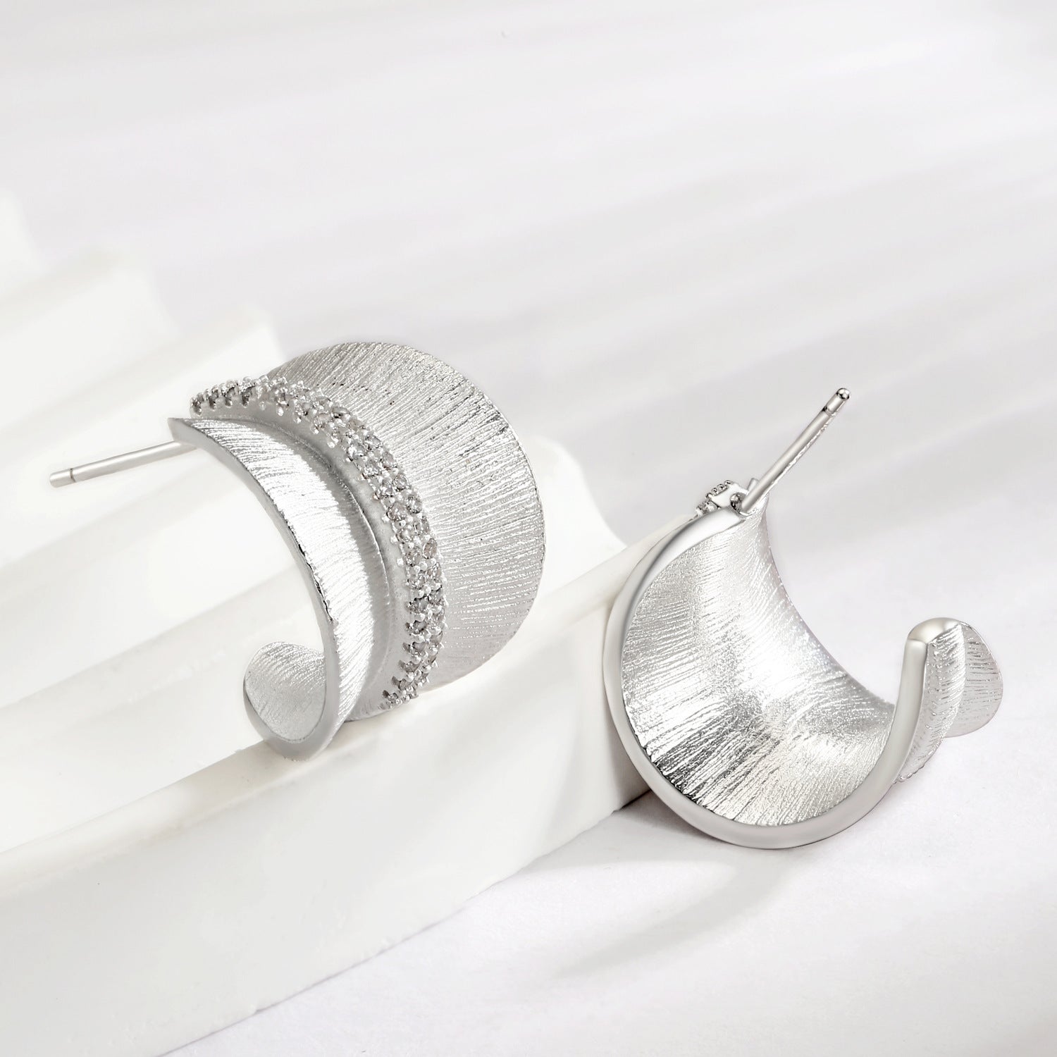 Brushed Silver Leaves Earrings For Women With Copper And Zircon, Featuring 925 Sterling Silver Ear Pins