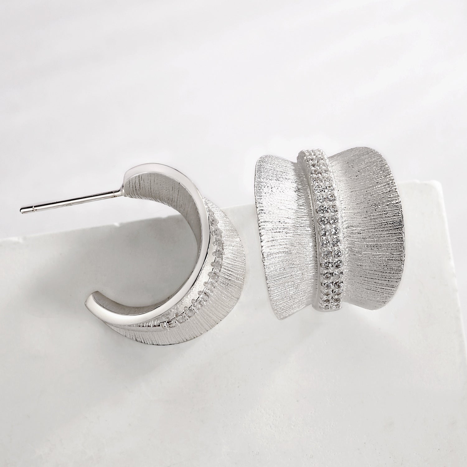 Brushed Silver Leaves Earrings For Women With Copper And Zircon, Featuring 925 Sterling Silver Ear Pins