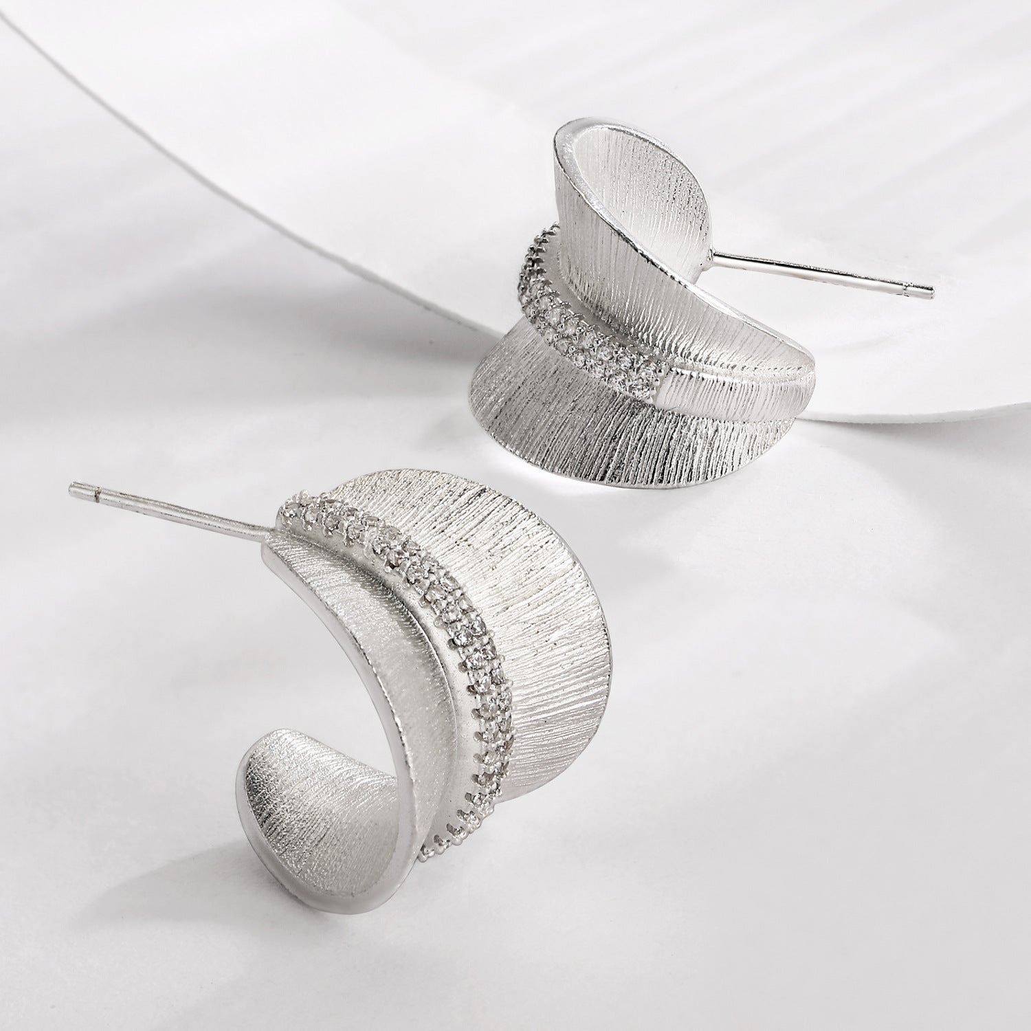 Brushed Silver Leaves Earrings For Women With Copper And Zircon, Featuring 925 Sterling Silver Ear Pins