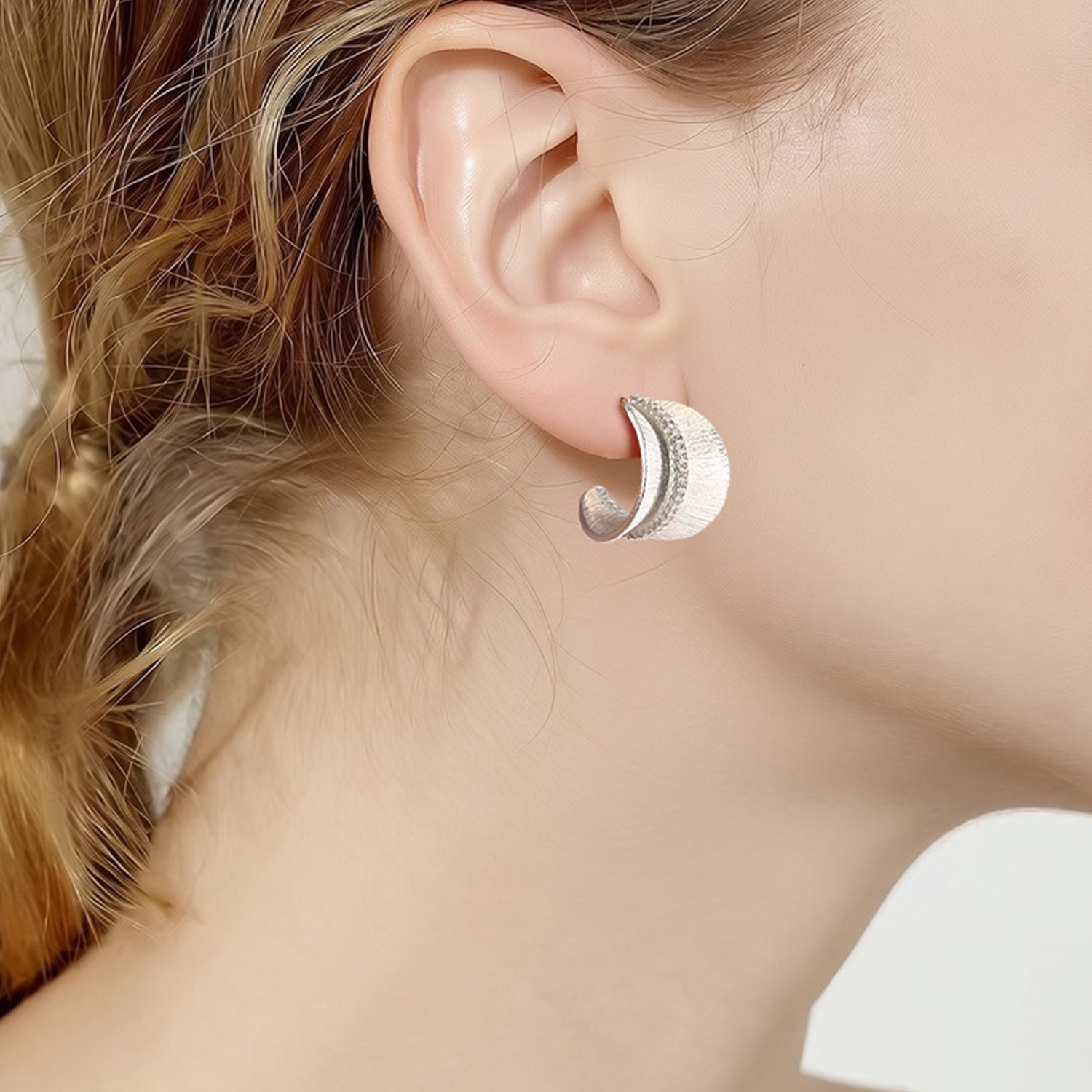 Brushed Silver Leaves Earrings For Women With Copper And Zircon, Featuring 925 Sterling Silver Ear Pins