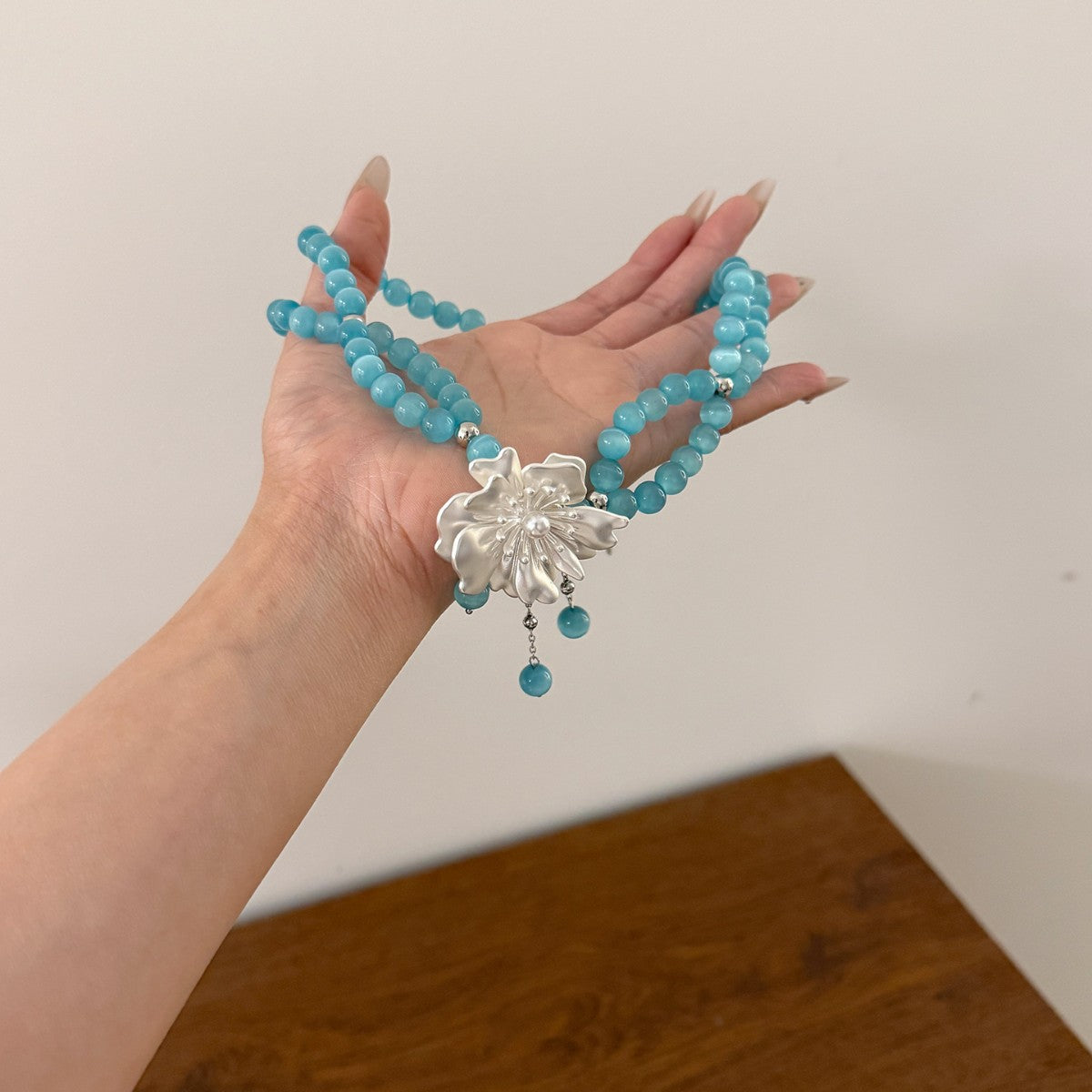 Sweet Lake Blue Beaded Flowers Necklace For Women Featuring Beads Craftsmanship