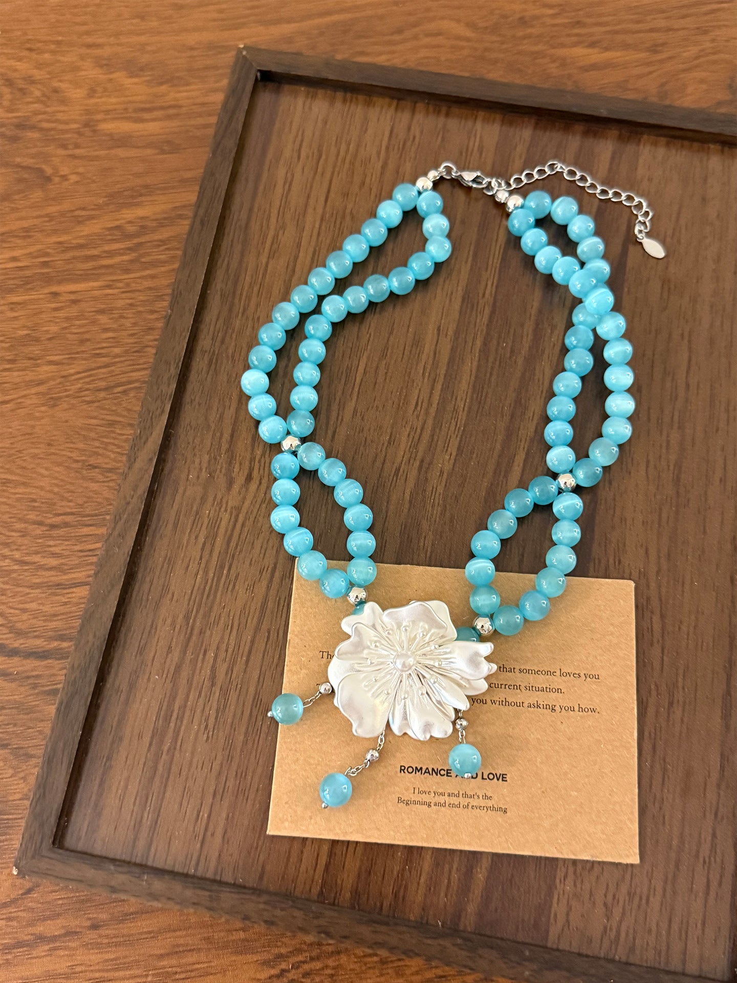 Sweet Lake Blue Beaded Flowers Necklace For Women Featuring Beads Craftsmanship