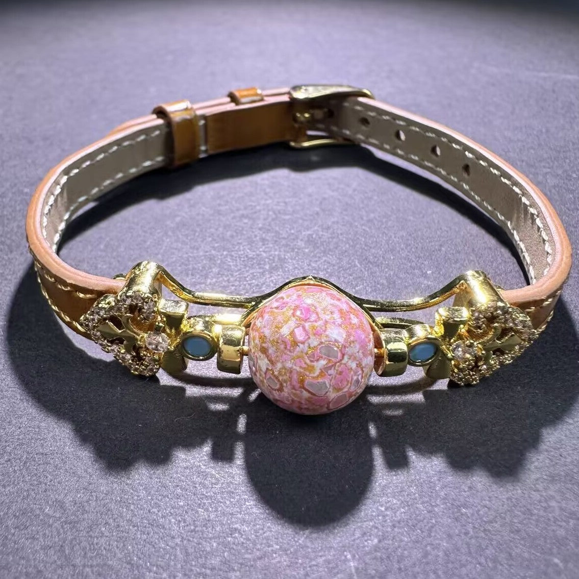 Asymmetrical Flowers Copper Bracelet With Zircon Inlay, Electroplated Gold Plating, Featuring Leather Rope Chain, Unisex Design