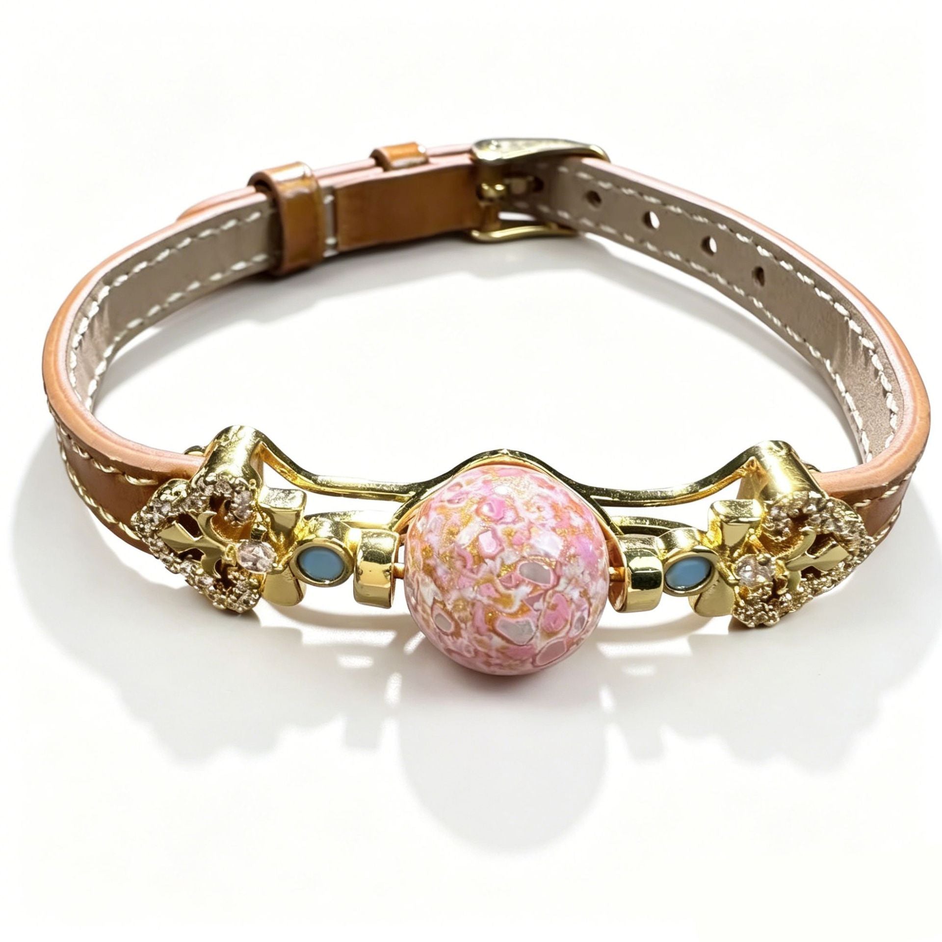 Asymmetrical Flowers Copper Bracelet With Zircon Inlay, Electroplated Gold Plating, Featuring Leather Rope Chain, Unisex Design