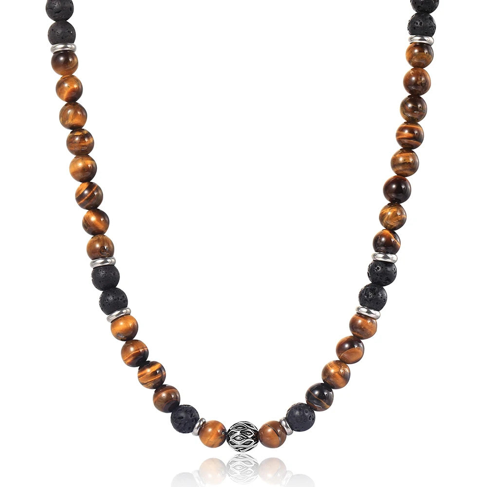 Men's Beaded Necklace With Alloy Pendant Featuring Tiger Eye Stone Inlay
