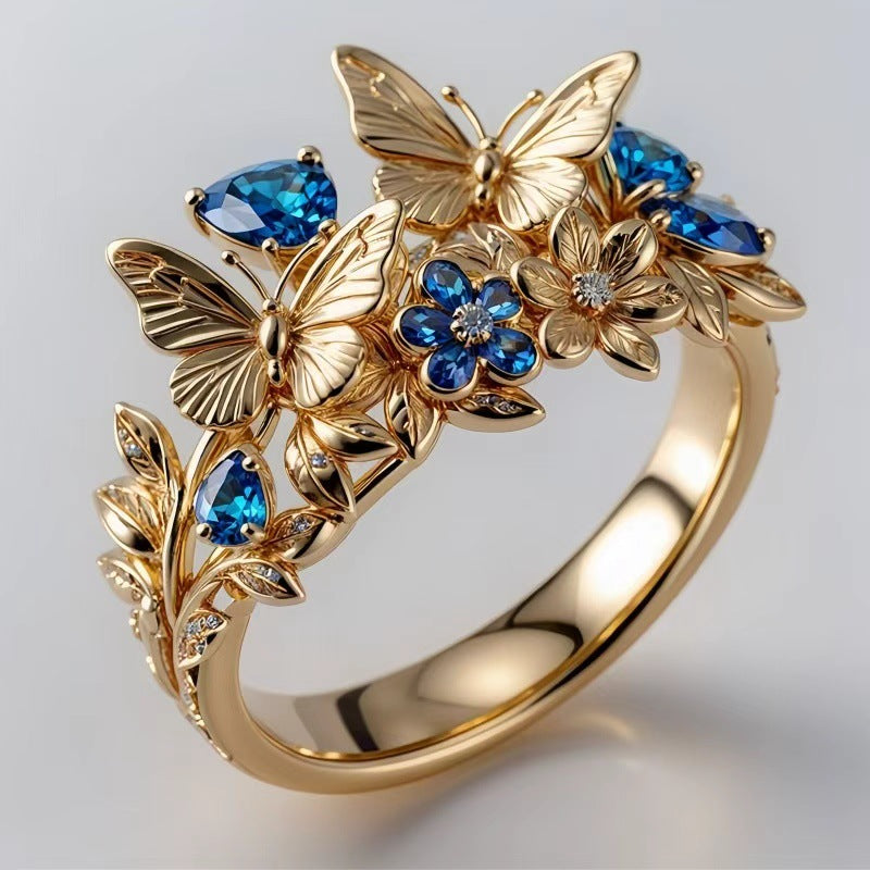 Gold Alloy Flowers Ring For Women With Zircon Inlay, Elegant Floral Design Jewelry