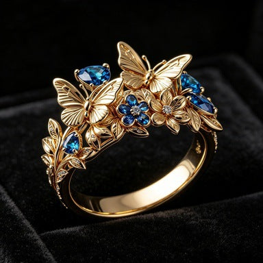 Gold Alloy Flowers Ring For Women With Zircon Inlay, Elegant Floral Design Jewelry