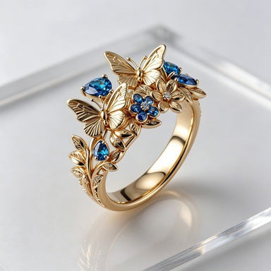 Gold Alloy Flowers Ring For Women With Zircon Inlay, Elegant Floral Design Jewelry