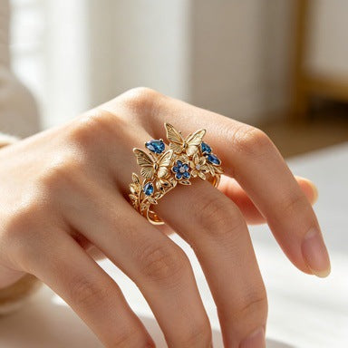 Gold Alloy Flowers Ring For Women With Zircon Inlay, Elegant Floral Design Jewelry