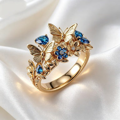 Gold Alloy Flowers Ring For Women With Zircon Inlay, Elegant Floral Design Jewelry