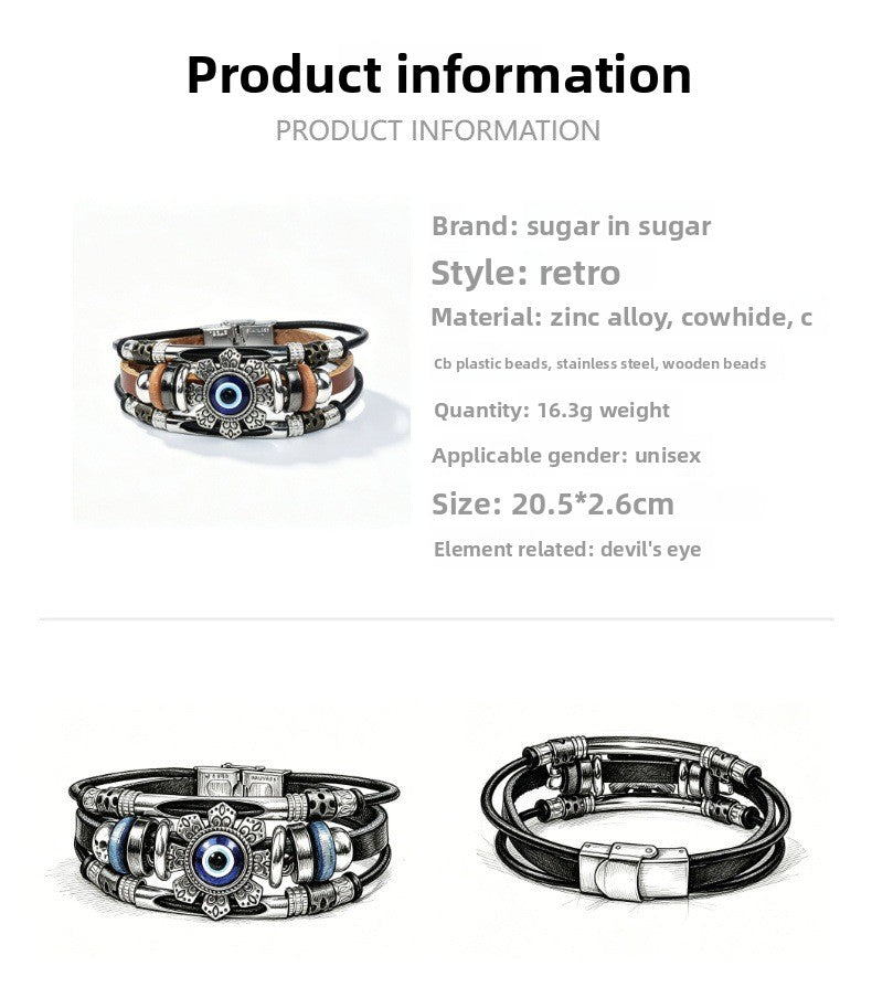 Devil's Eye Braid Bracelet In Blue With Zinc Alloy Pendant, Mixed Materials, Unisex Maillard Style