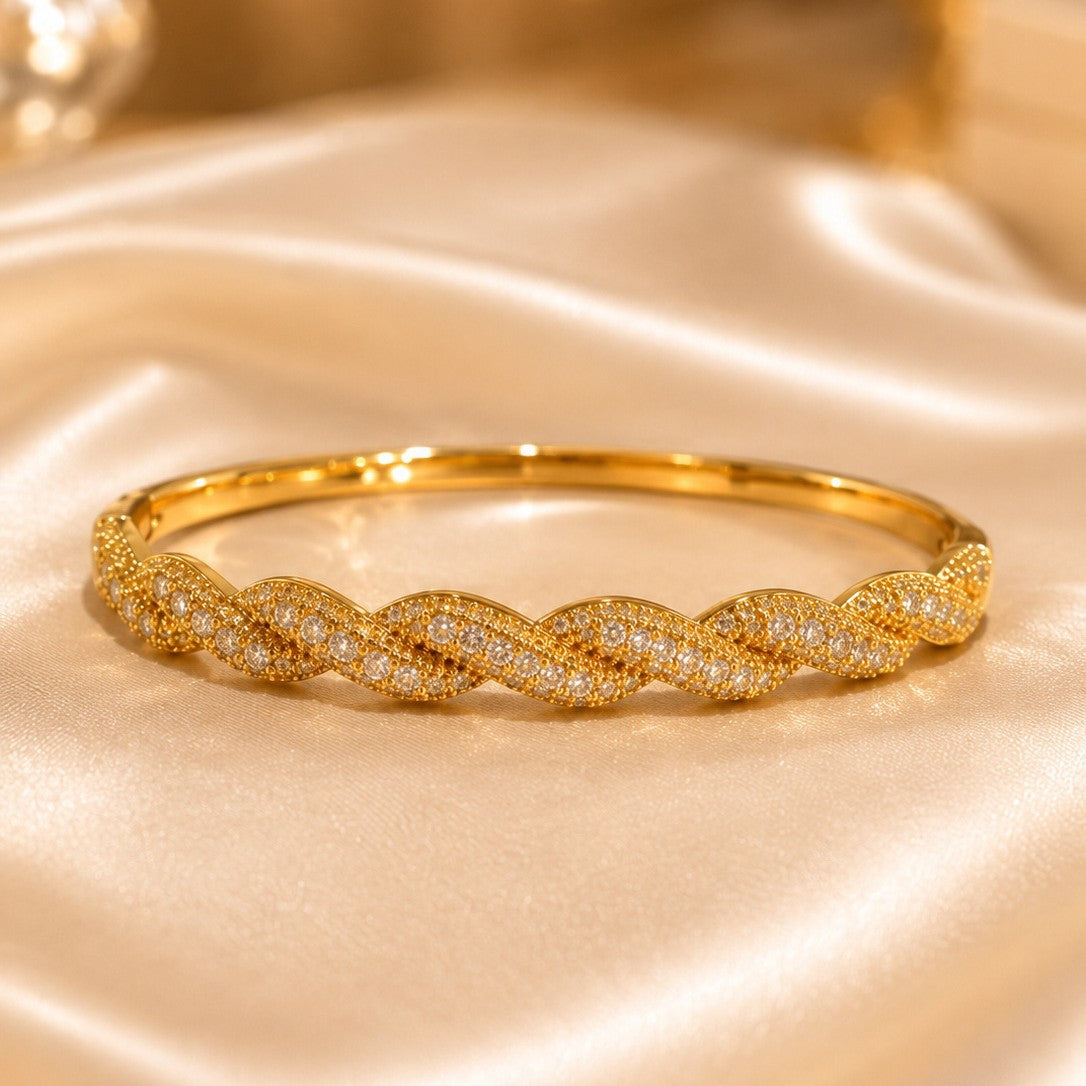 Geometric Copper Bangle With Zircon Inlay In Simple Style For Women