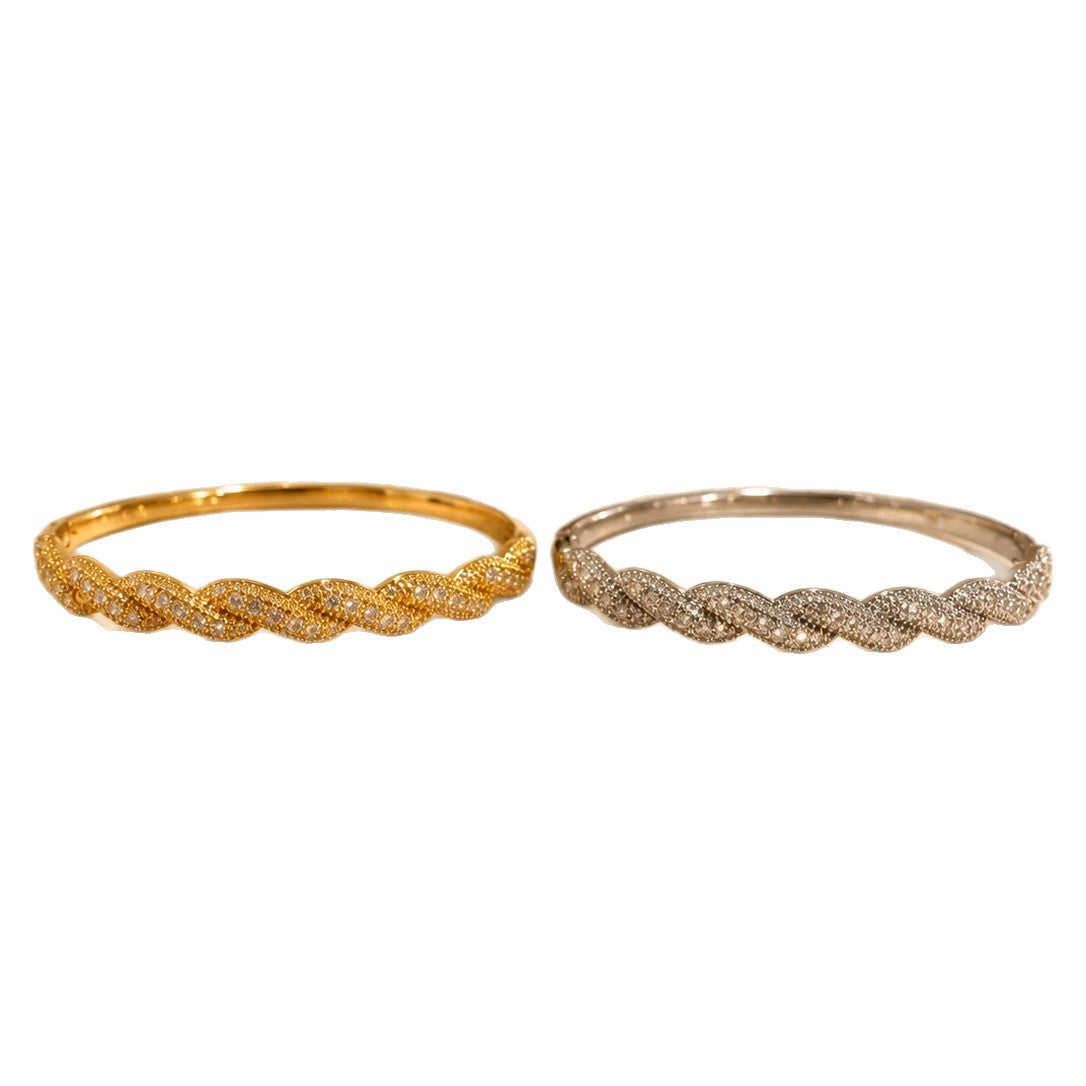 Geometric Copper Bangle With Zircon Inlay In Simple Style For Women