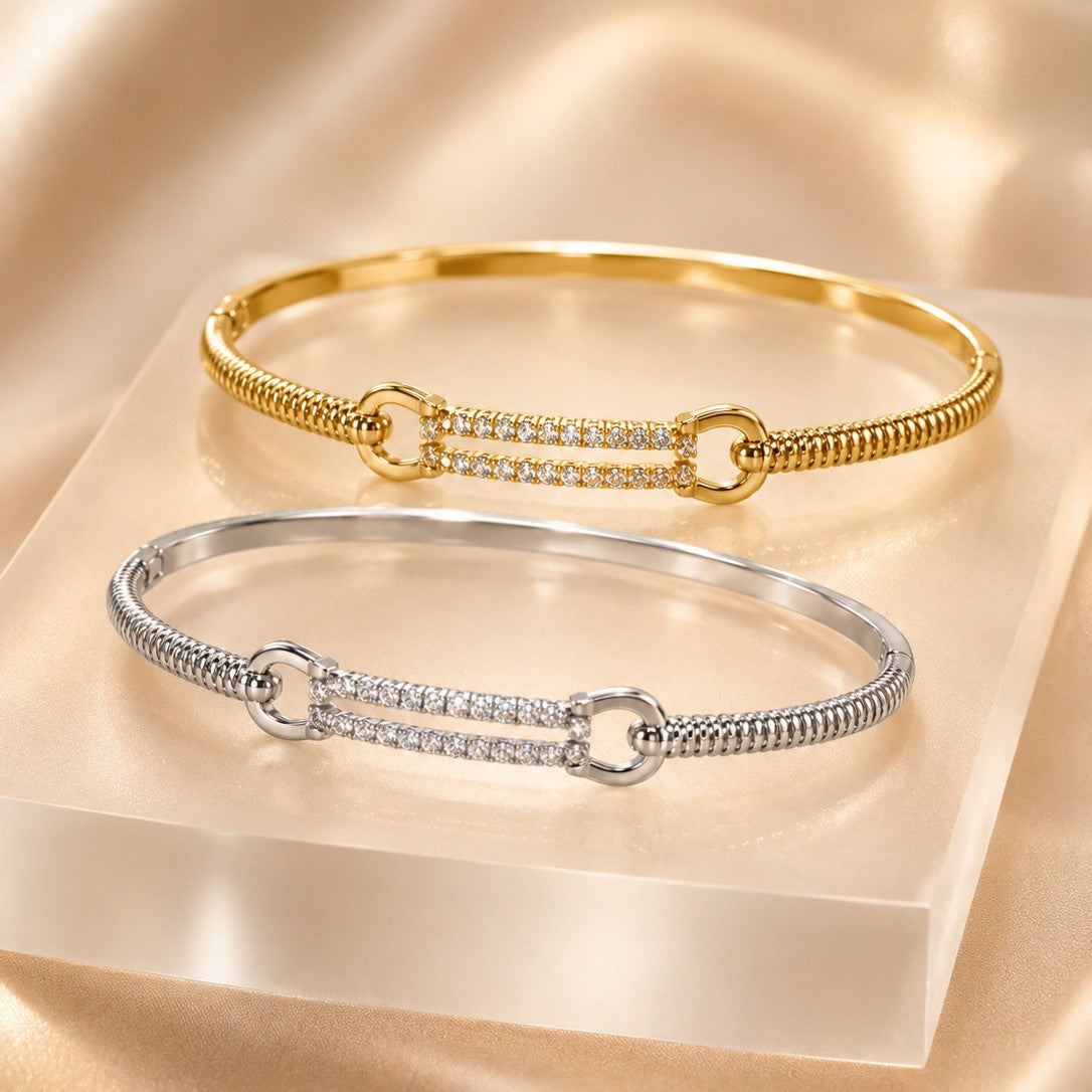 Geometric Twist Copper Bangle With Zircon Inlay In Simple Style For Women