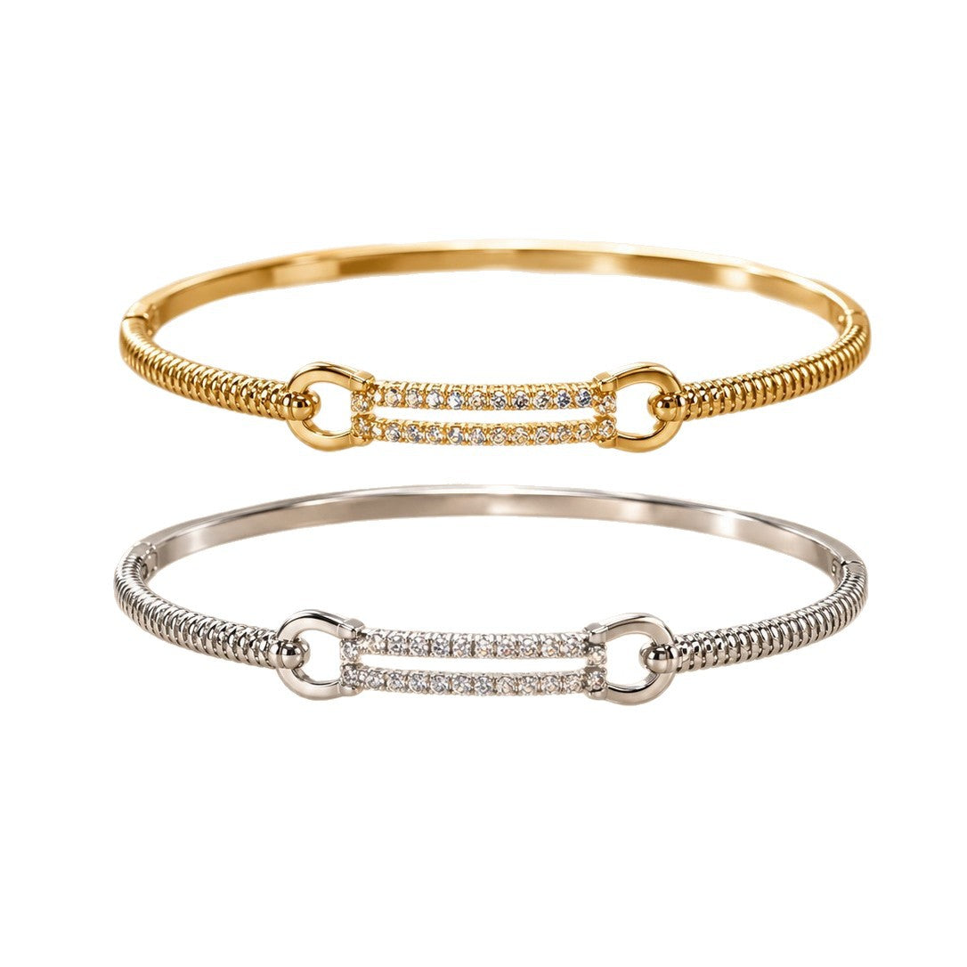 Geometric Twist Copper Bangle With Zircon Inlay In Simple Style For Women