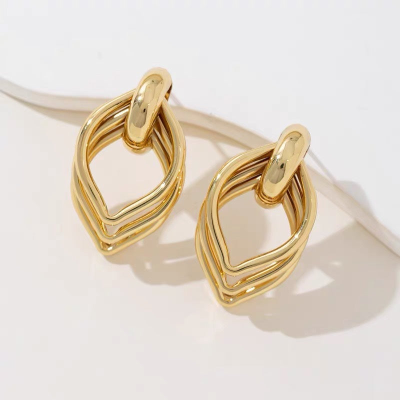 Exaggerated Geometric Gold Earrings With Electroplated Finish And 304 Stainless Steel Posts, Unisex Design