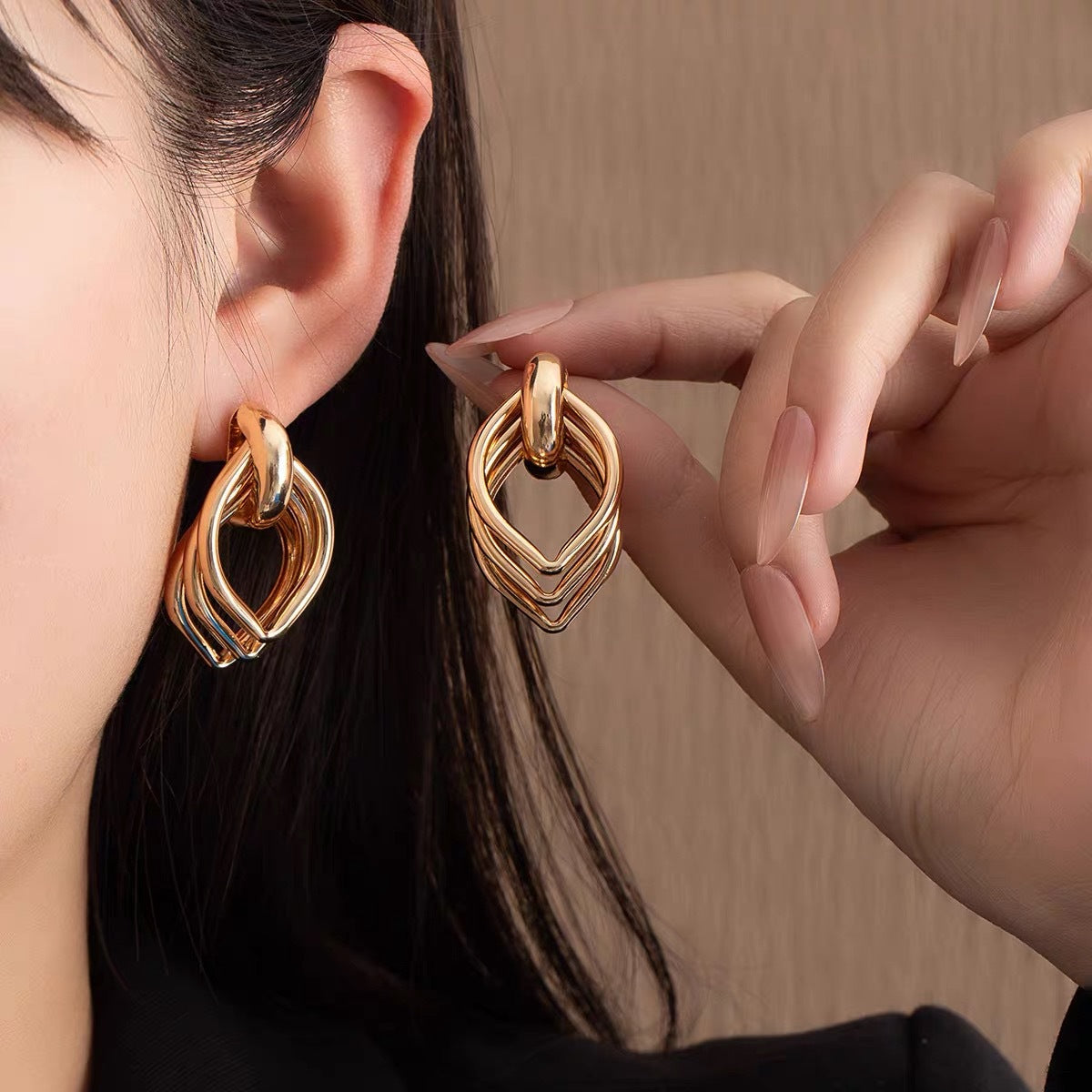 Exaggerated Geometric Gold Earrings With Electroplated Finish And 304 Stainless Steel Posts, Unisex Design