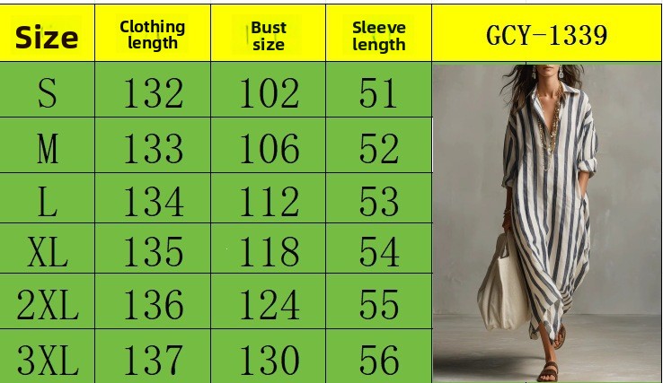 Casual Stripe Shirt Dress With V Neck And Nine Points Sleeve, Made Of Comfortable Polyester Fabric