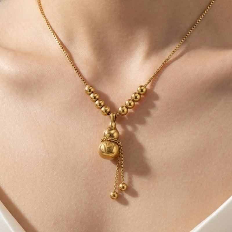Gourd Necklace For Women With 18K Real Gold Plated 304 Stainless Steel Featuring Tassel And Box Chain