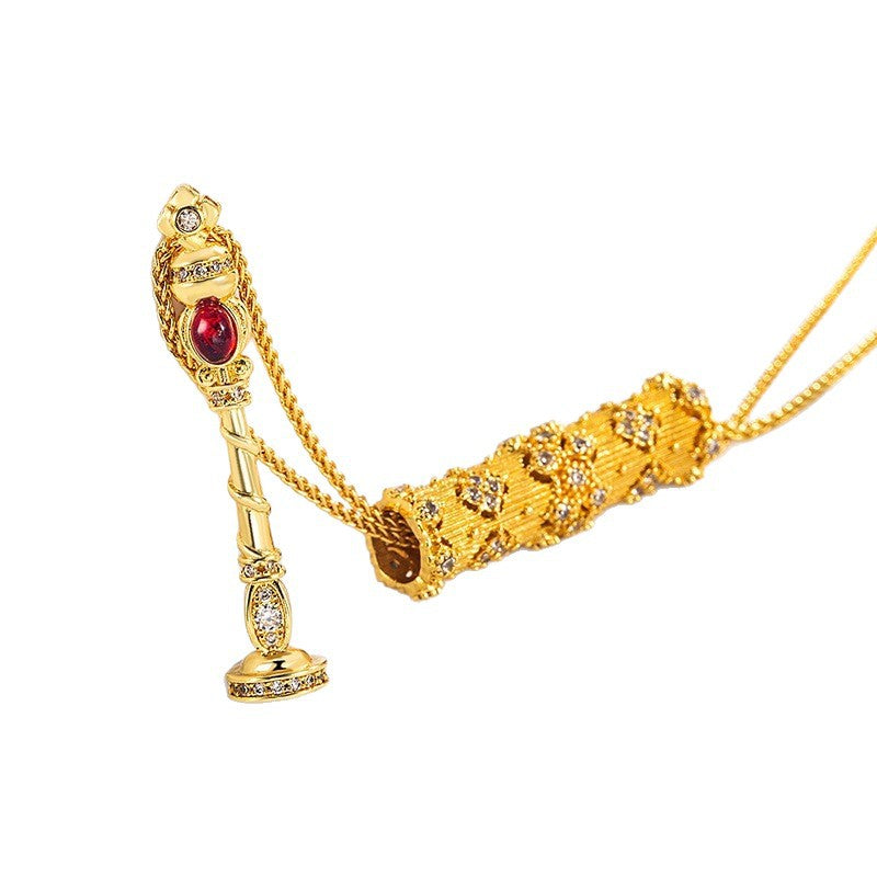 Brushed Gold Magic Wand Pendant Necklace In Copper Material For Women