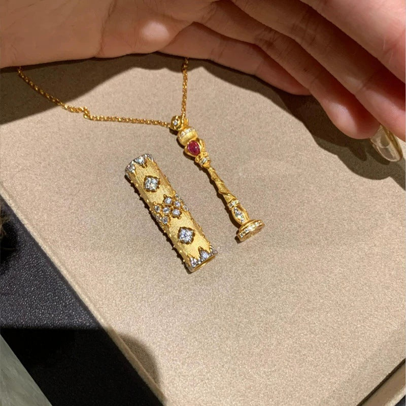 Brushed Gold Magic Wand Pendant Necklace In Copper Material For Women
