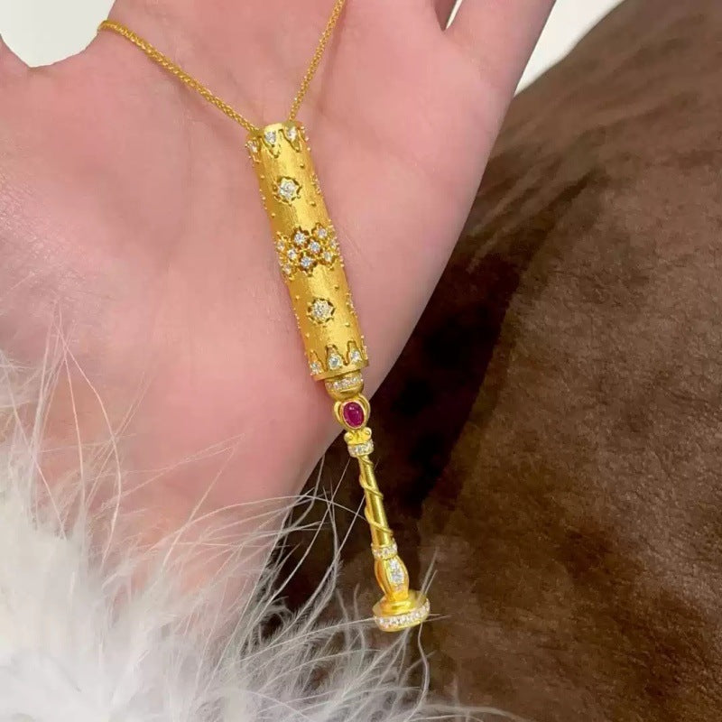 Brushed Gold Magic Wand Pendant Necklace In Copper Material For Women