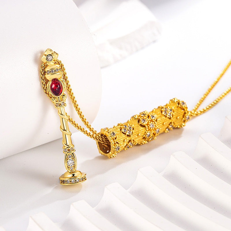 Brushed Gold Magic Wand Pendant Necklace In Copper Material For Women
