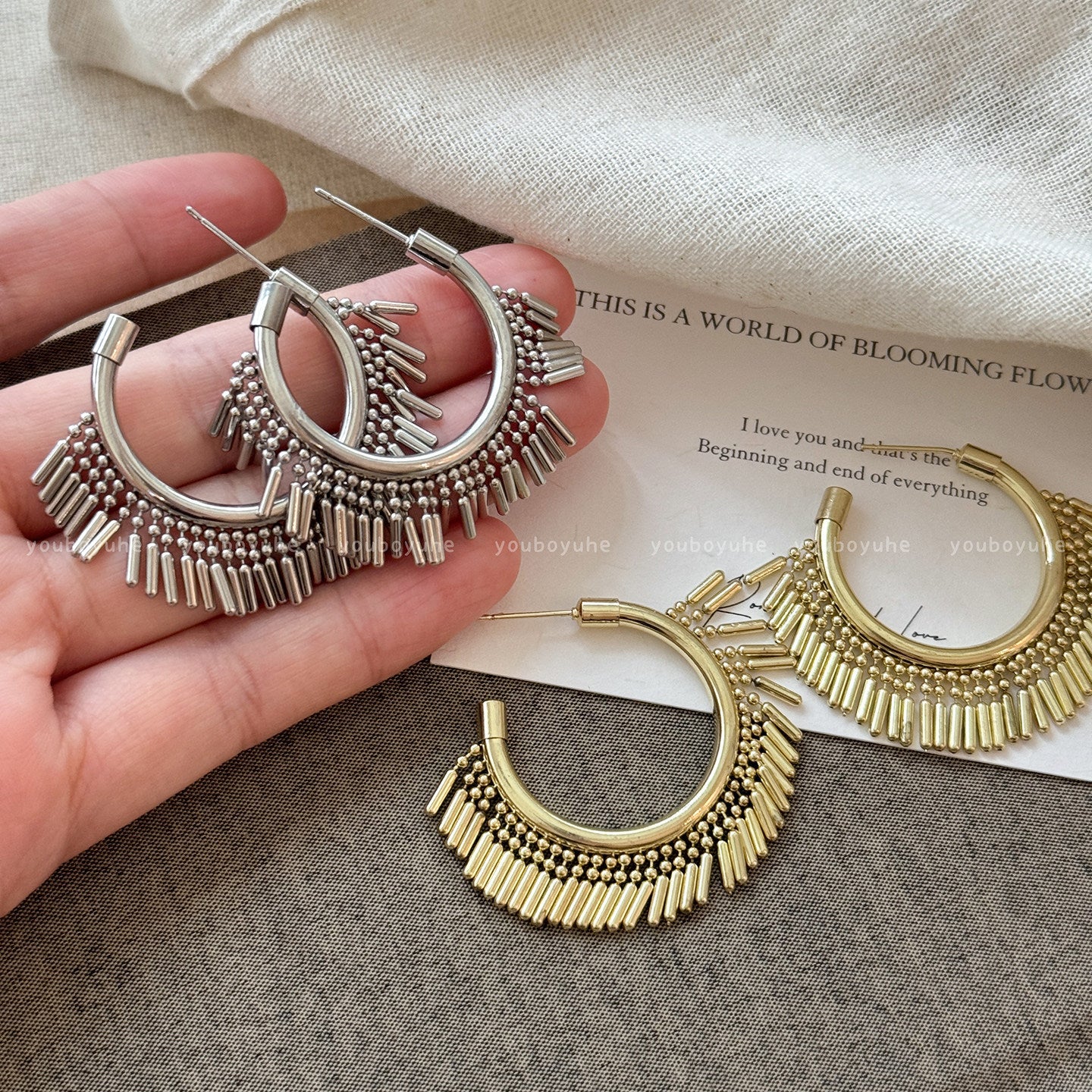 Ethnic Style Gold Tassel Earrings For Women With Copper Studs, Metal Craft