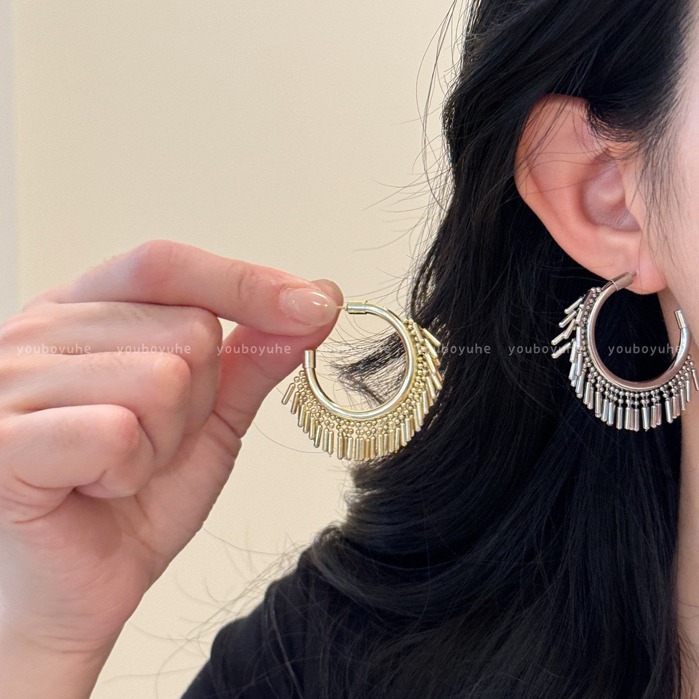 Ethnic Style Gold Tassel Earrings For Women With Copper Studs, Metal Craft