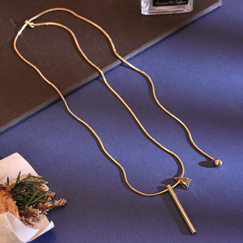 Geometric Silver Sweater Chain Necklace For Women In Copper With Electroplated Finish Featuring Slider Chain