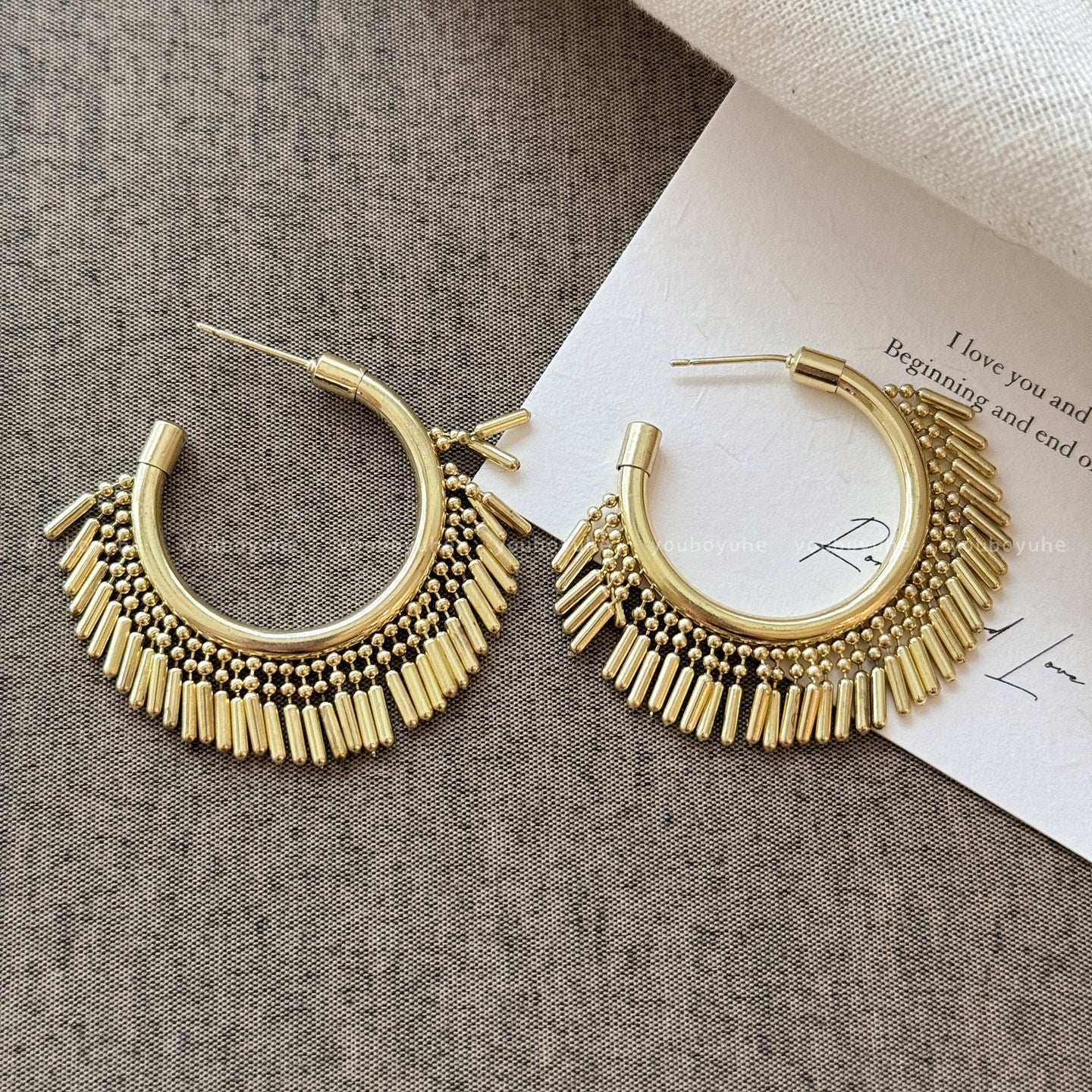 Ethnic Style Gold Tassel Earrings For Women With Copper Studs, Metal Craft